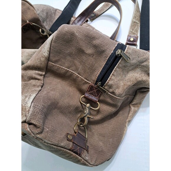 Canvas Distressed Dufflebag Brown Leather Weekender Bag Shoulder Strap Travel - Picture 4 of 8